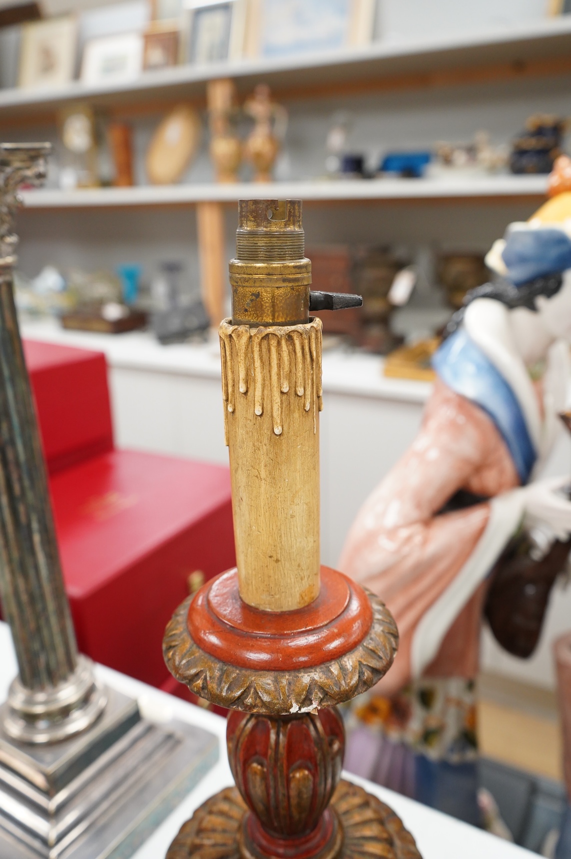 A Kashmiri painted wood lamp and brass bound oak barrel, largest overall 45cm high